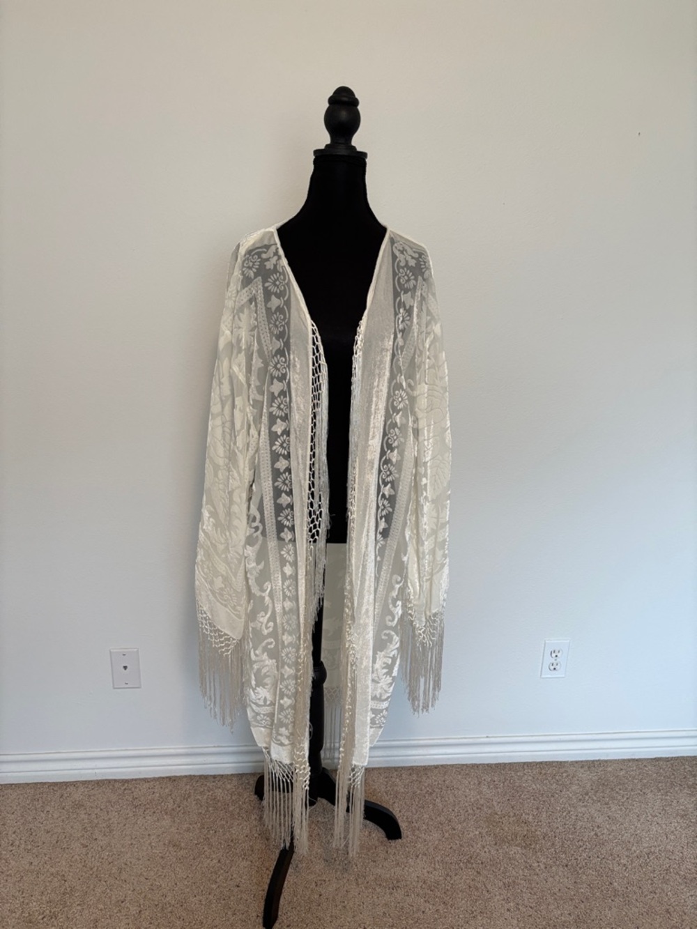 Sheer Lace Fringe Kimono - Cream